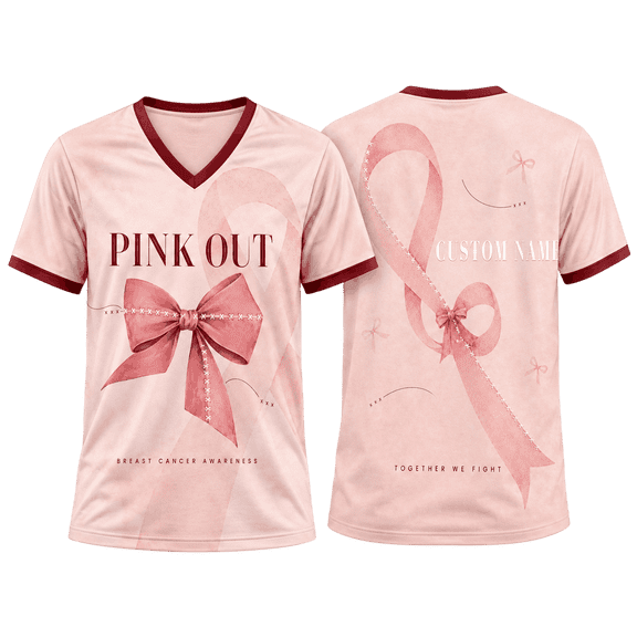 Lotusprinthandmade Pink Ribbon Floral V-Neck T-Shirt Multicolor, Personalized Awareness Shirt