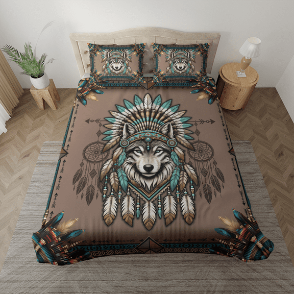 Lotusprinthandmade Proud Wolf Native America Bedding Set (Made in Vietnam) (60x80), America Wolf-Themed Bed Set, Majestic Wolf Design Bedspread