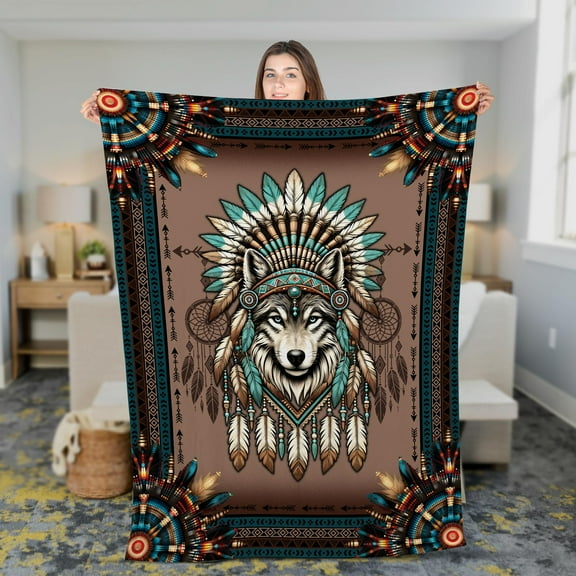 Lotusprinthandmade Proud Wolf Native America Fleece Blanket 2 Sizes (Made in US) (60"x50"), America Wolf-Themed Throw, Majestic Wolf Design Blanket