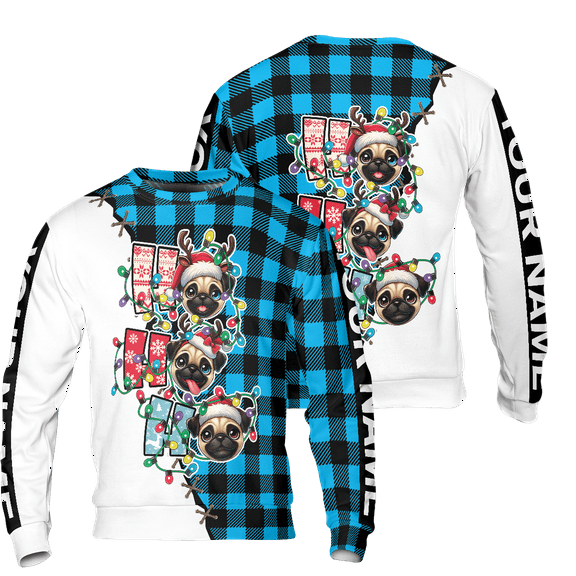 Lotusprinthandmade Pug Ho Ho Ho Merry Christmas Multicolor Print Crew-neck Sweatshirt 3D (Made in Vietnam) S-5XL (S), Winter Pug-Themed Sweatshirt