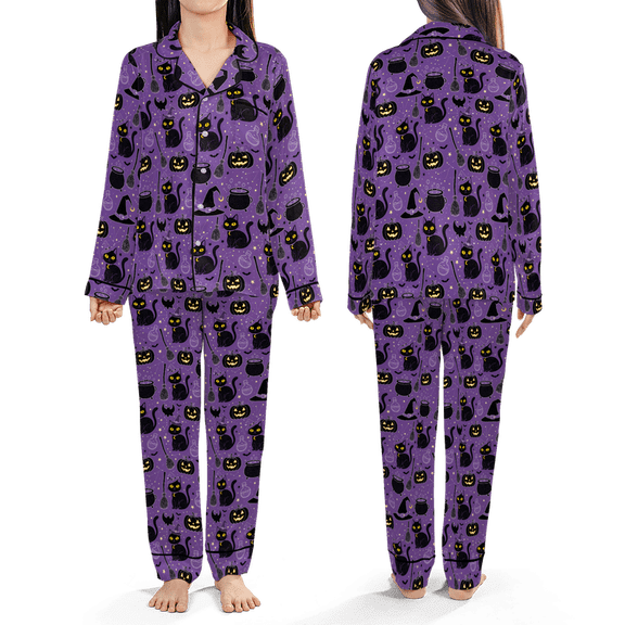 Lotusprinthandmade Pumpkin Cat Halloween All-over Print Satin Pajamas Set (S), halloween pajamas for women, spooky sleepwear set