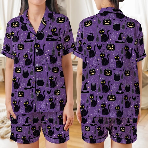 Lotusprinthandmade Pumpkin Cat Halloween All-over Print Satin Short-Sleeve Pajamas Set (L), halloween pajamas for women, spooky sleepwear set