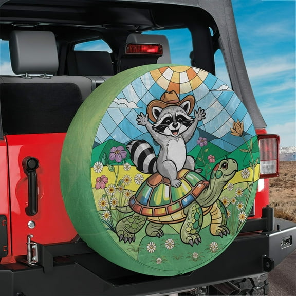 Lotusprinthandmade Raccoon Riding Turtle Funny Raccoon Spare Tire Cover Without Backup Camera Hole 6 Sizes (27 in.)
