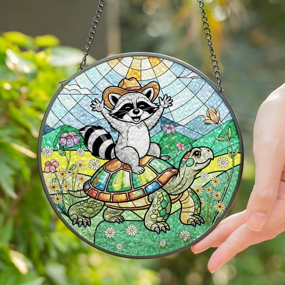 Lotusprinthandmade Raccoon Riding Turtle, Funny Raccoon Stained Glass Suncatcher for Window Hanging Cir4in, Unique Animal Decor