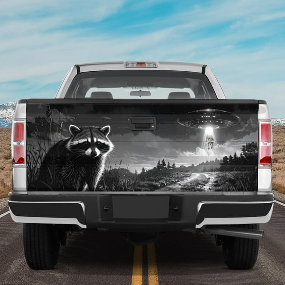 Lotusprinthandmade Raccoon and UFO Graphic Tailgate Wrap 2 Sizes (24"x58"), raccoon lovers tailgate wrap, raccoon animal truck wrap