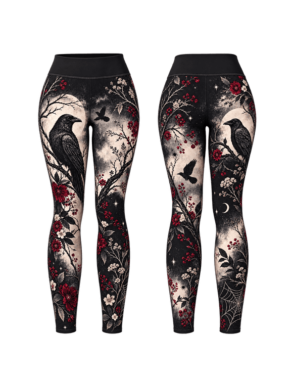 Lotusprinthandmade Raven Moon Floral Standard Leggings, Gothic Floral Yoga Pants