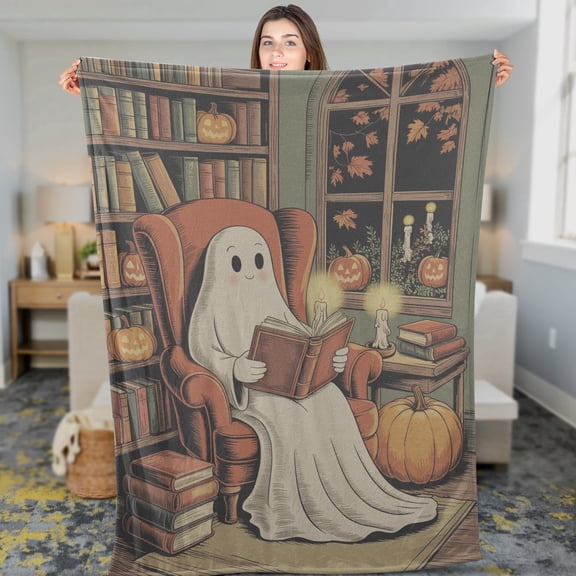 Lotusprinthandmade Retro Ghost Reading Books Halloween Fleece Blanket 2 Sizes (80"x60")