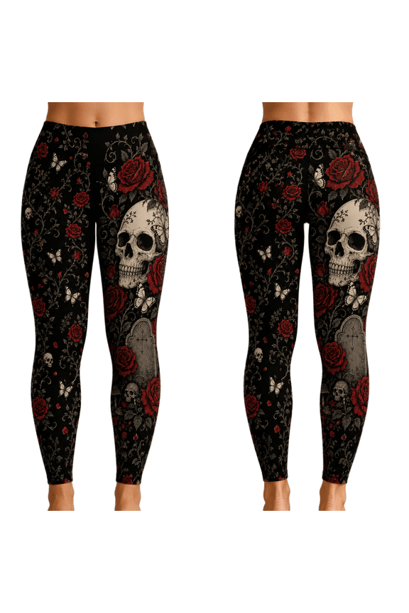 Rose Skull Print All-over Print Leggings XS-5XL (XS), Floral Skeleton Leggings