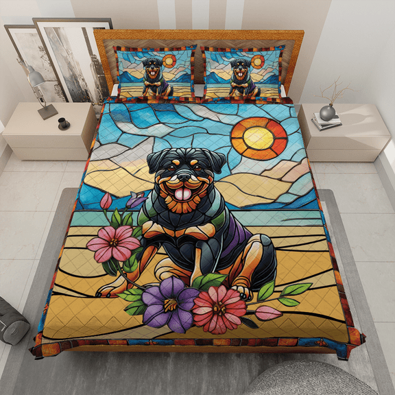 Lotusprinthandmade Rottweiler Dog Pattern Quilt Bedding Set
