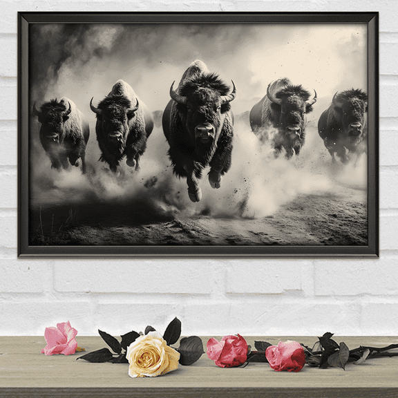 Lotusprinthandmade Running Bisons Canvas 1.5in 12" x 8", Nature-inspired Bison Canvas, Outdoor Adventure Wall Decor