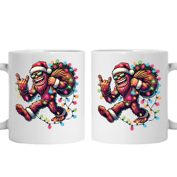 Lotusprinthandmade Santa Bigfoot Christmas Lights Funny Sasquatch Xmas White Ceramic Mug (11oz) (Made In US)