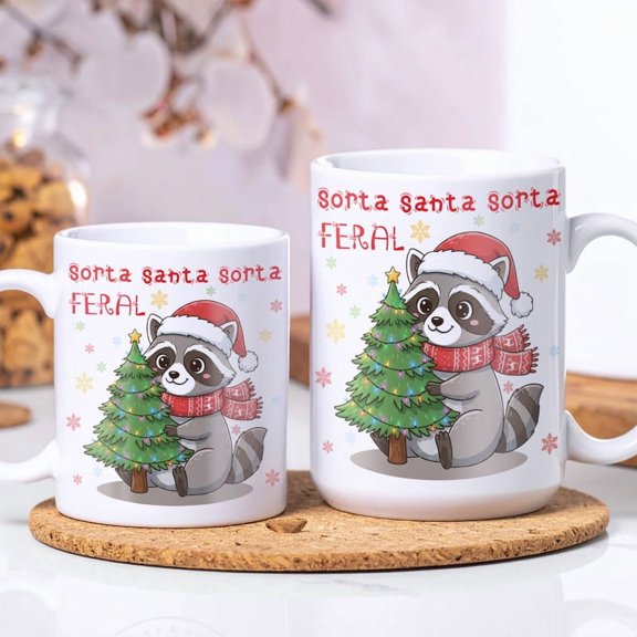 Lotusprinthandmade Santa Raccoon Christmas White Ceramic Mug (15oz) (Made In US), raccoon lovers christmas mug, funny raccoon holiday mug, raccoon christmas mug