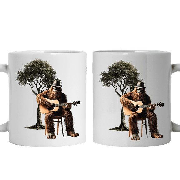 Lotusprinthandmade Sasquatch Bigfoot Playing Guitar White Ceramic Mug (11oz) (Made In US), Funny Bigfoot Coffee Mug, Quirky Sasquatch Guitar Design