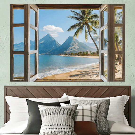 Lotusprinthandmade Scenic Beach View from Open Window Poster 16" x 24", coastal-themed wall art, beach lover's print, tropical beach scene poster