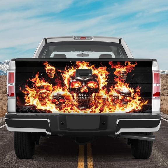 Lotusprinthandmade Screaming Skull Flame Tailgate Wrap 2 Sizes (24"x58"), screaming skull tailgate wrap, flame skull tailgate decal