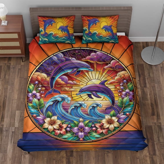 Lotusprinthandmade Sea Themed Dolphin Lovers Quilt Bedding Set (Fold Hem) 5 Sizes (Made in Vietnam) (55x60), sea themed dolphin quilt bedding