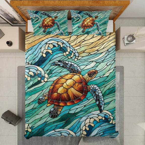 Lotusprinthandmade Sea Turtle 3D Quilt Bedding Set (White Binding) 5 Sizes (Made in Vietnam) (55x60), Ocean Animal Bedspread Coastal Decor for Sea Lovers