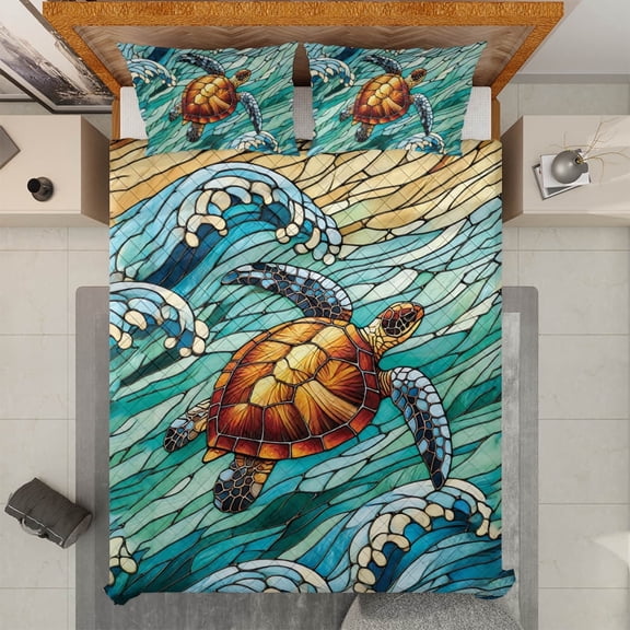 Lotusprinthandmade Sea Turtle 3D Quilt Bedding Set (White Binding) 5 Sizes (Made in Vietnam) (70x80), Ocean Animal Bedspread Coastal Decor for Sea Lovers