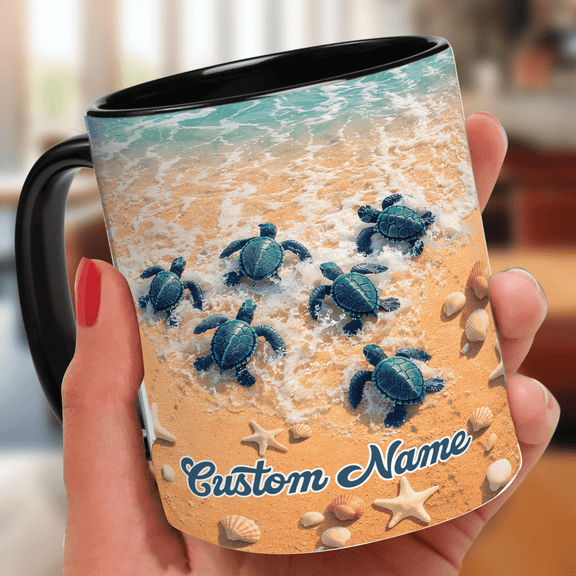 Lotusprinthandmade Sea Turtle Accent Mug (11oz) (Made In US) – Ceramic Coffee Mug For Turtle Lovers