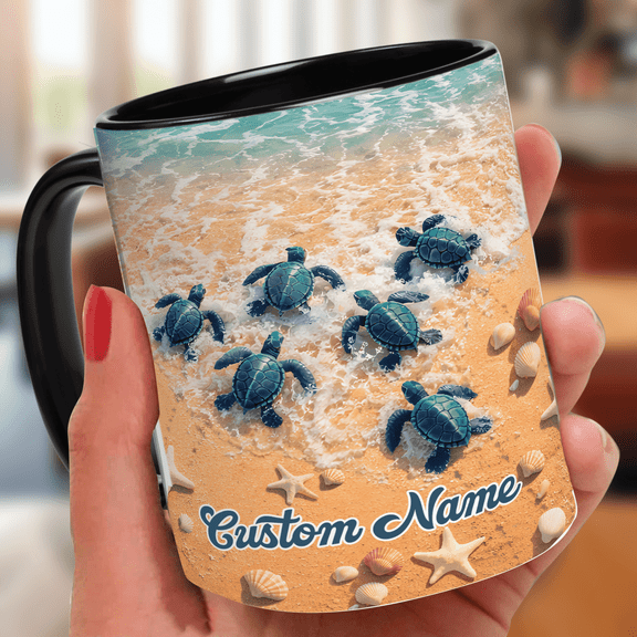 Lotusprinthandmade Sea Turtle Accent Mug 11oz Ceramic Coffee Mug For Turtle Lovers