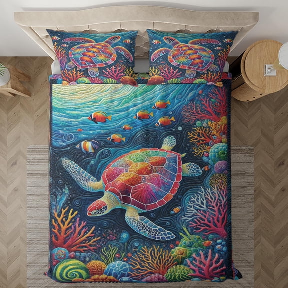 Lotusprinthandmade Sea Turtle Bedding Set, Multicolor, 88x88