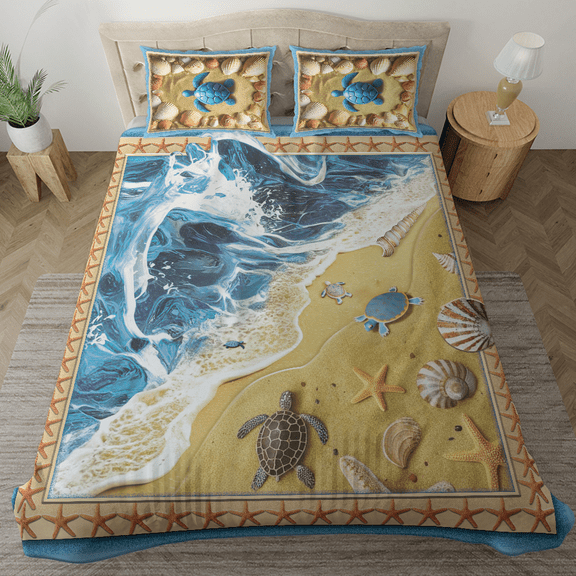 Lotusprinthandmade Sea Turtle Bedding Set (Made in Vietnam) (88x88), Sea-Inspired Bedding With Turtles