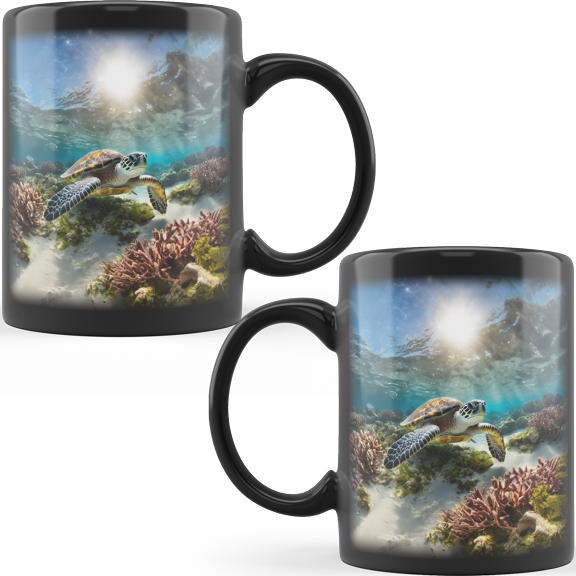 Lotusprinthandmade Sea Turtle Black Ceramic Mug (11oz) (Made In US), ocean-themed coffee mug, sea life turtle design mug