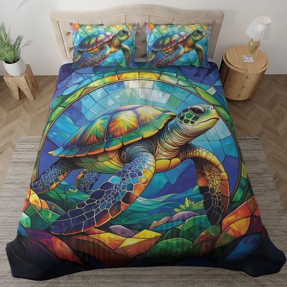 Lotusprinthandmade Sea Turtle Graphic Bedding Set (Made in Vietnam) (60x80), Beach Themed Turtle Bedding Set