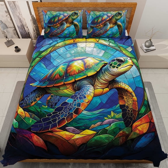 Lotusprinthandmade Sea Turtle Graphic Quilt Bedding Set (White Binding) 5 Sizes (60x70)