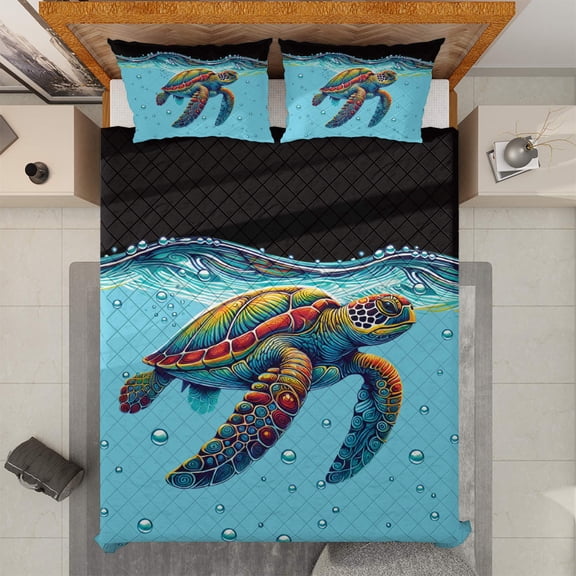 Lotusprinthandmade Sea Turtle Ocean Beach Quilt Bedding Set (White Binding) 5 Sizes (Made in Vietnam) (70x80), sea turtle quilt set, ocean life decor