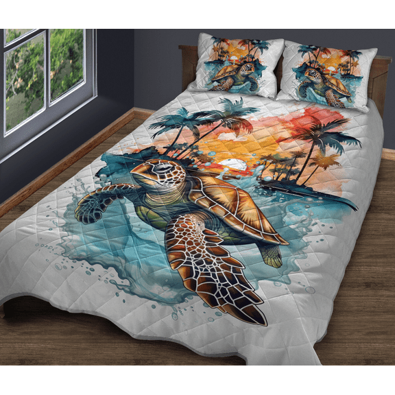 Lotusprinthandmade Sea Turtle Quilt Bedding Set (White Binding) 5 Sizes (Made in Vietnam) (55x60), sea turtle beach quilt set