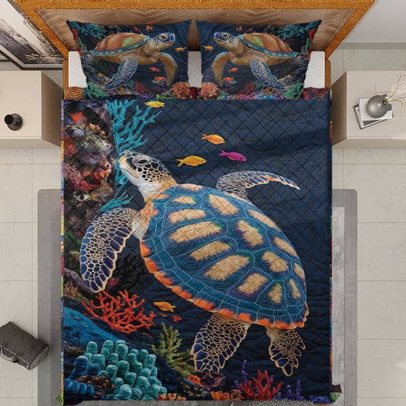 Lotusprinthandmade Sea Turtle Quilt Bedding Set (White Binding) 5 Sizes (Made in Vietnam) (70x80), Ocean-Inspired Quilt Bedding Set