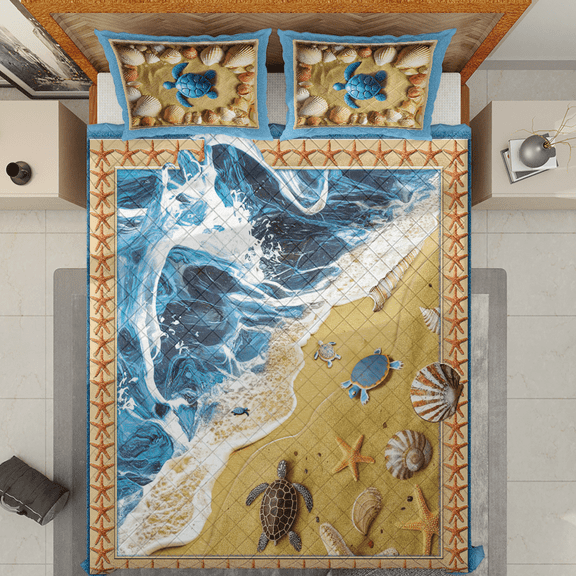 Lotusprinthandmade Sea Turtle Quilt Bedding Set (White Binding) 5 Sizes (Made in Vietnam) (70x80), Ocean-Themed Turtle Quilt Bedding