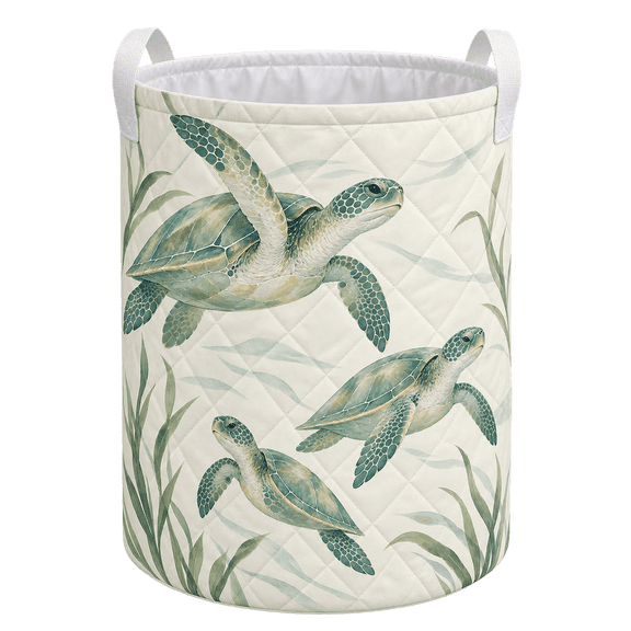 Lotusprinthandmade Sea Turtle Quilt Laundry Basket, Coastal Ocean Storage Hamper