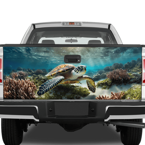 Lotusprinthandmade Sea Turtle Tailgate Wrap 2 Sizes (24"x58"), ocean life truck decal, marine-themed tailgate graphic