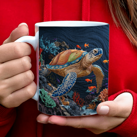Lotusprinthandmade Sea Turtle White Ceramic Mug (11oz) (Made In US), Ocean-Inspired Mug