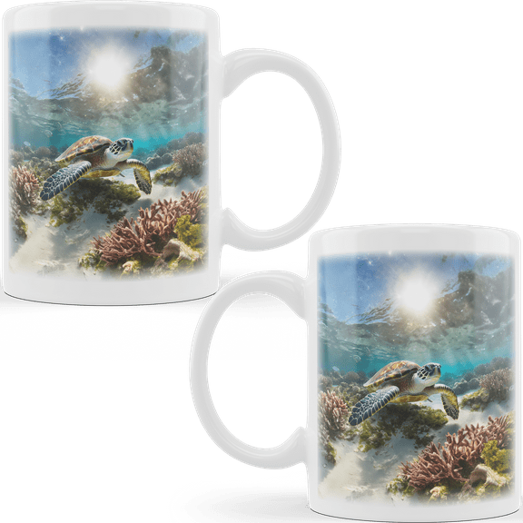 Lotusprinthandmade Sea Turtle White Ceramic Mug (11oz) (Made In US), ocean-themed coffee mug, sea life turtle design mug