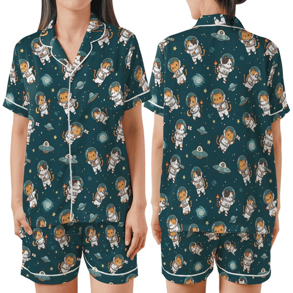 Lotusprinthandmade Seamless Space Cats All-over Print Satin Short-Sleeve Pajamas Set (2XL), cat lover sleepwear