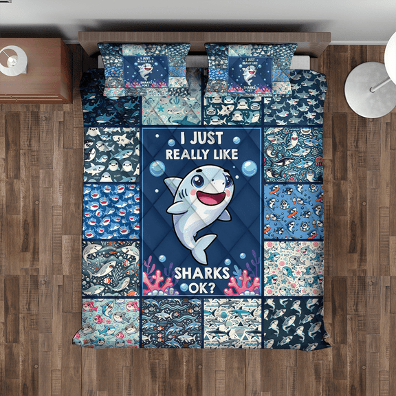 Lotusprinthandmade Shark Lovers Quilt Bedding Set Fold Hem