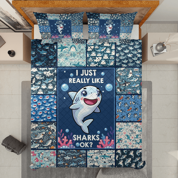 Lotusprinthandmade Shark Lovers Quilt Bedding Set, White Binding, 70x80