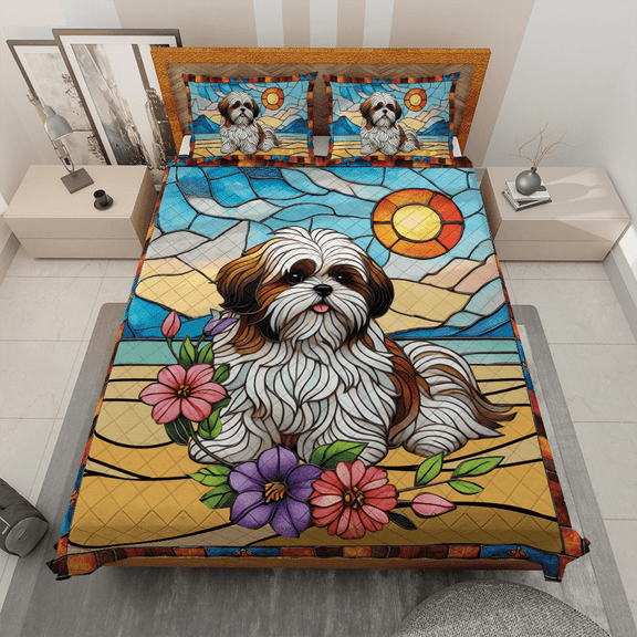 Lotusprinthandmade Shih Tzu Dog Pattern Quilt Bedding Set, Fold Hem, 55x60