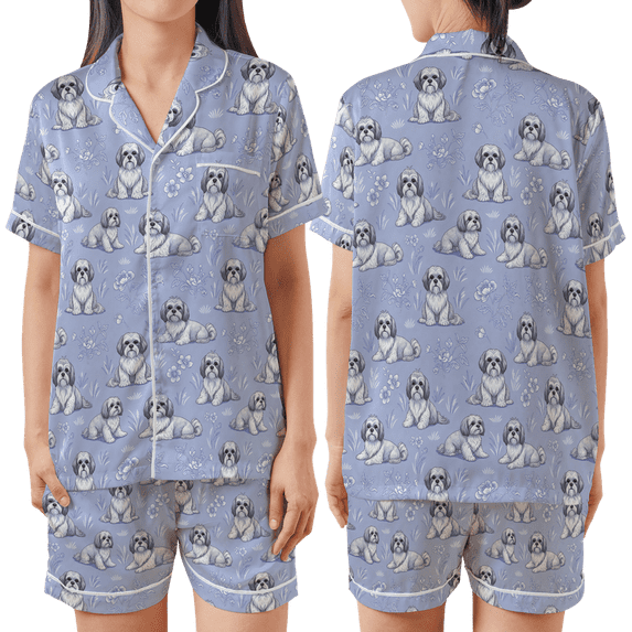 Lotusprinthandmade Shih Tzu Toile Dog Graphic All-over Print Satin Short-Sleeve Pajamas Set (M), Cute Dog Lover Sleepwear