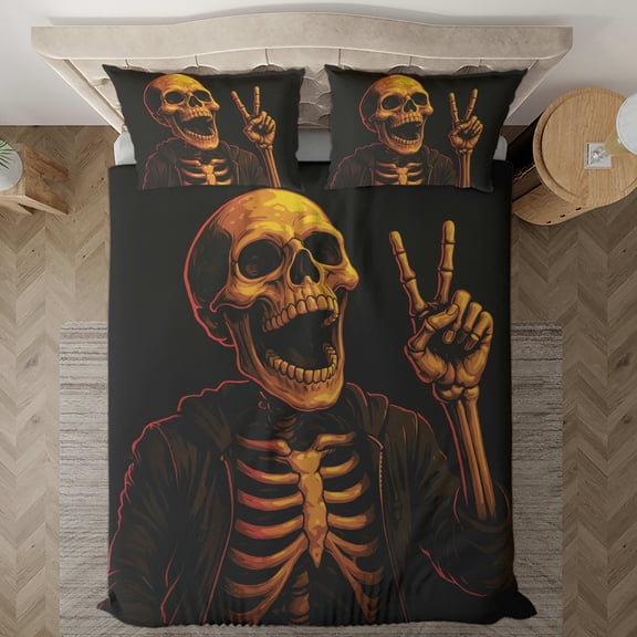 Lotusprinthandmade Skeleton Peace Hand Design Bedding Set (Made in Vietnam) (78x88), Durable And High-Quality Bedding