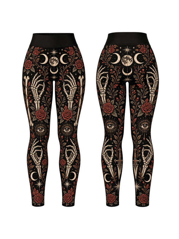 Skeleton Rose Standard Leggings, Gothic Halloween Yoga Pants