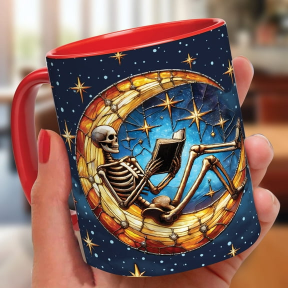 Lotusprinthandmade Skeleton Skull Book Lovers Orange Accent Mug (11oz) (Made In US), skull coffee mug, skeleton mug, skull with book ceramic cup