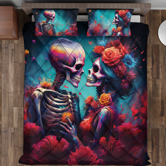 Lotusprinthandmade Skeleton Skull Couple Floral Quilt Bedding Set Fold Hem