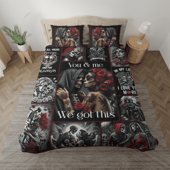 Lotusprinthandmade Skull Couple To My Love You and Me We Got This Bedding Set (Made in Vietnam) (88x88), Romantic Skull-Themed Bedding, Love Story Skull Couple Duvet Set