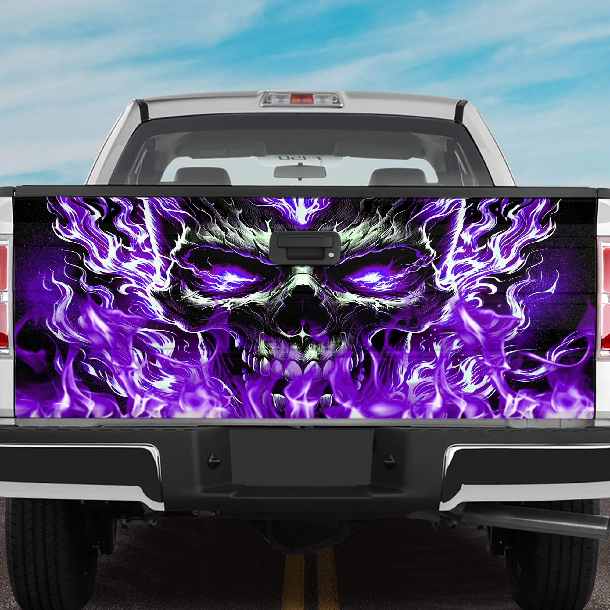 Flaming Skull Graphic Decal – 147x46cm Car Sticker For Rear Window Or Truck, Blue Vinyl Wrap