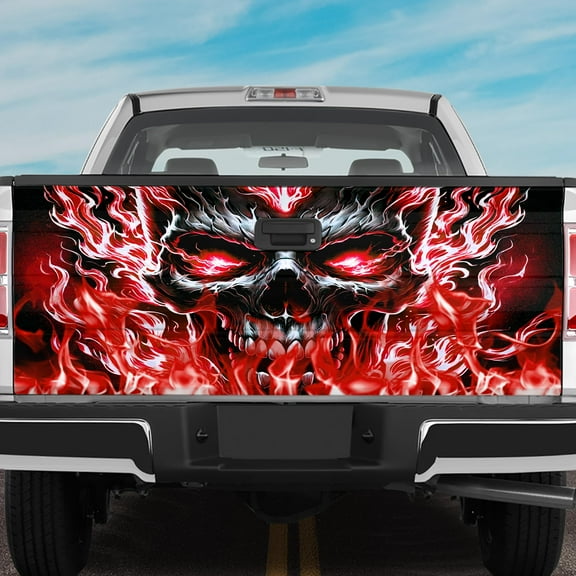 Lotusprinthandmade Skull Flame Tailgate Wrap 26"x66", Skull Truck Tailgate Sticker Decal Wrap