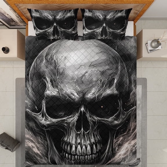 Lotusprinthandmade Skull Halloween Horror Graphic Quilt Bedding Set, White Binding, 90x100